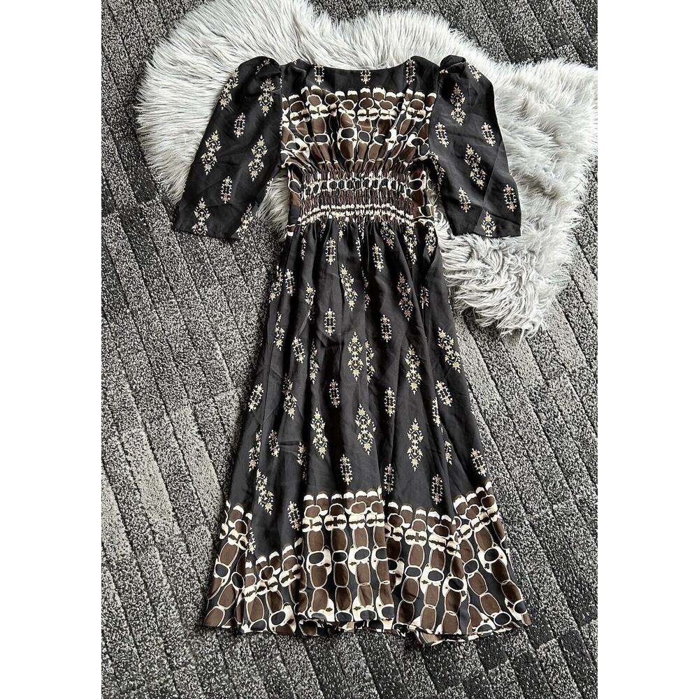 Bohemian‎ Beige Brown & Black Long Smock Top Dress Size Small